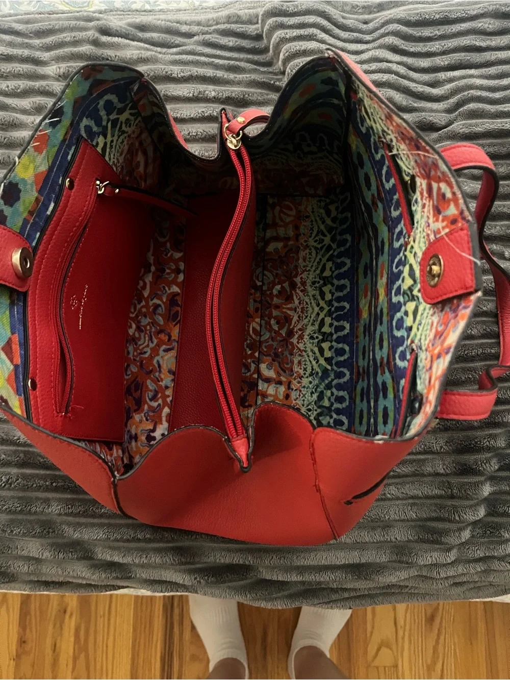 & Other Stories Red Tote with Multicolor Printed Interior